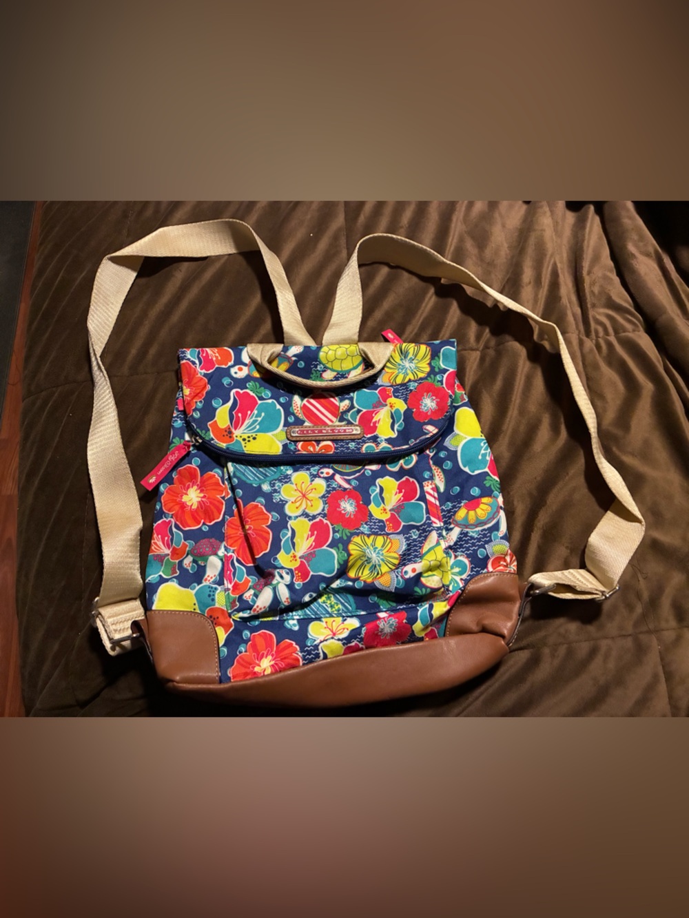 Lily Bloom brand, Colorful Floral and sea turtle Canvas Backpack with Brown Trim
